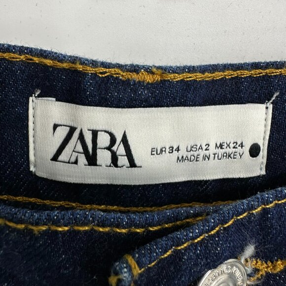 Zara Cropped 90s Jeans 2 High Rise Waist Raw Frayed Hem Dark Wash Blue Denim NEW - Picture 5 of 12